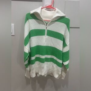 Aerie Striped Pullover Sweater Half Zip Knitwear Green White Oversized XXS